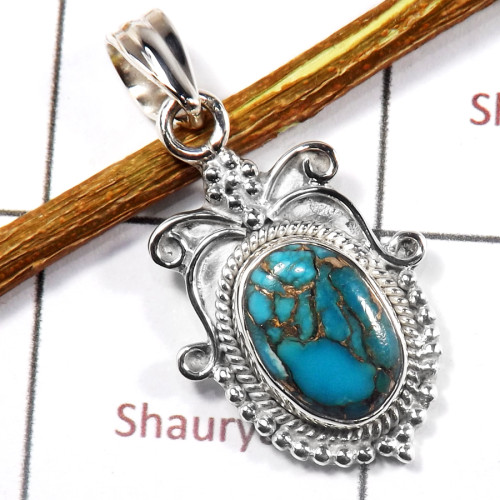 Blue Copper Turquoise Cab K - SSP833-Solid 925 Sterling Silver Fabulous Cab Gemstone Designer Pendant