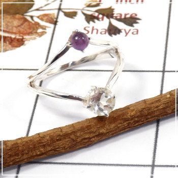 Crystal Cut & Amethyst Cab C - SFJ901-Gorgeous Look Two Gemstone Light Weight Ring 925 Sterling Silver