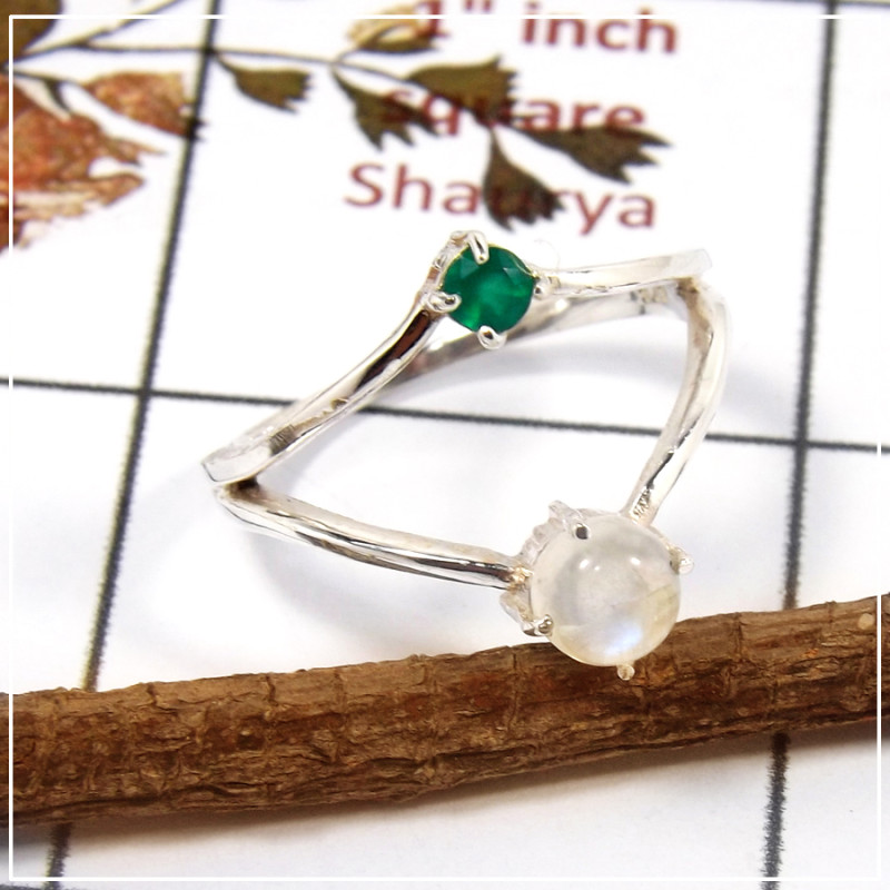 Rainbow Moonstone & Green Onyx Cut F - SFJ901-Gorgeous Look Two Gemstone Light Weight Ring 925 Sterling Silver