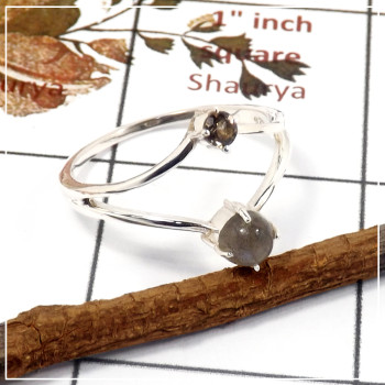 Labradorite Cab & Smokey Cut H - SFJ901-Gorgeous Look Two Gemstone Light Weight Ring 925 Sterling Silver