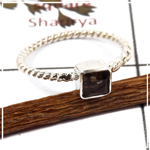 Smokey Cut A - STK936-925 Silver Handmade Light Weight Stacking Ring With Cut Gemstone