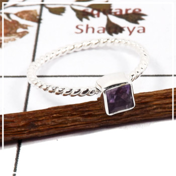 Amethyst Cut C - STK936-925 Silver Handmade Light Weight Stacking Ring With Cut Gemstone