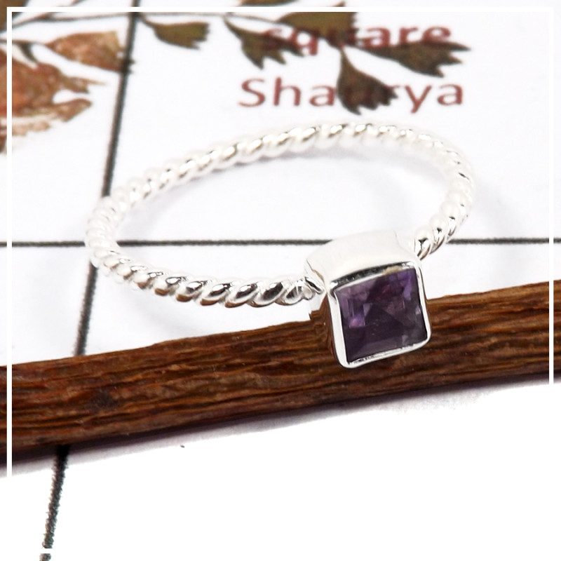 Amethyst Cut C - STK936-925 Silver Handmade Light Weight Stacking Ring With Cut Gemstone