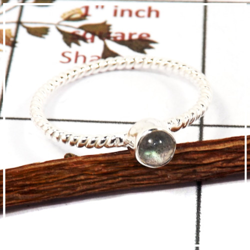 Labradorite Cab E - STK935-Solid 925 Silver Light Weight Women Stacking Ring Cab & Cut Gemstone