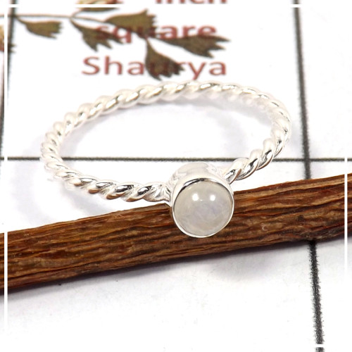 Rainbow Moonstone Cab F - STK935-Solid 925 Silver Light Weight Women Stacking Ring Cab & Cut Gemstone