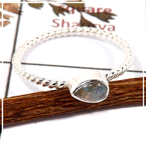 Labradorite Cab E - STK933-Light Weight Cab & Cut Gemstone Stacking Ring 925 Sterling Silver