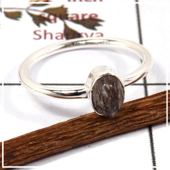 Black Rutile Cab J - STK933-Light Weight Cab & Cut Gemstone Stacking Ring 925 Sterling Silver