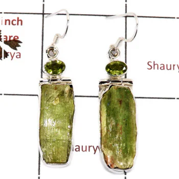 Green Kyanite Rough & Peridot Cut A - SPE813-Party Wear Rough Stone 925 Silver Plain Setting Earrings Handmade Collection Green Kyanite Rough & Peridot Cut A - SPE813-Party Wear Rough Stone 925 Silver Plain Setting Earrings Handmade Collection