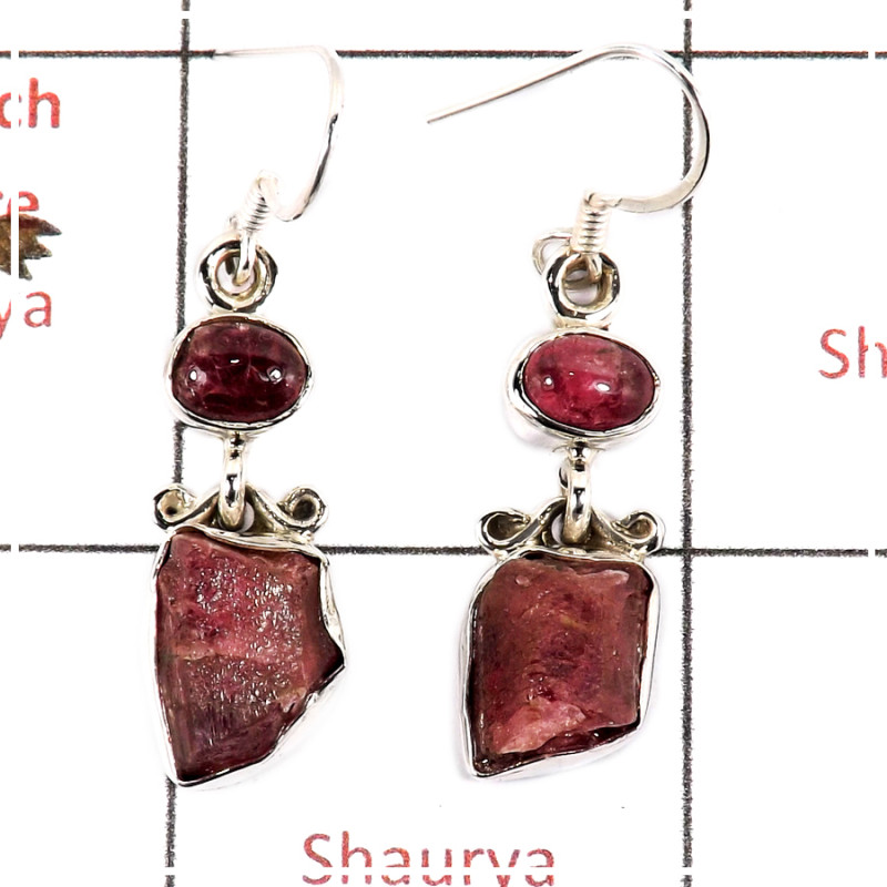 Pink Tourmaline Rough & Cab C - SPE813-Party Wear Rough Stone 925 Silver Plain Setting Earrings Handmade Collection