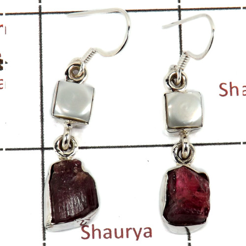 Pink Tourmaline Rough, Pearl Cab D - SPE813-Party Wear Rough Stone 925 Silver Plain Setting Earrings Handmade Collection