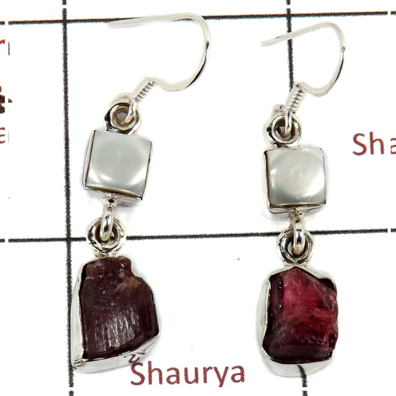 Pink Tourmaline Rough, Pearl Cab D - SPE813-Party Wear Rough Stone 925 Silver Plain Setting Earrings Handmade Collection