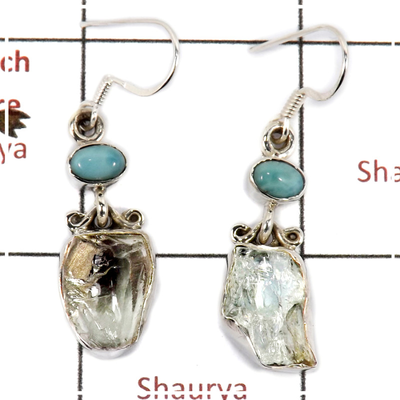 Aquamarine Rough & Larimar Cab G - SPE813-Party Wear Rough Stone 925 Silver Plain Setting Earrings Handmade Collection