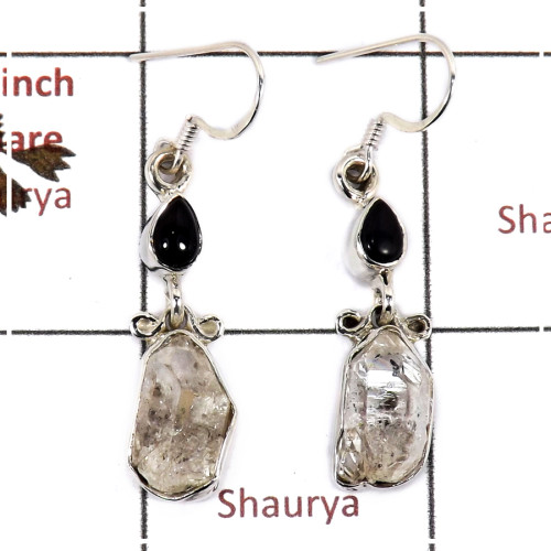 Herkimer Diamond & Black Onyx Cab H - SPE813-Party Wear Rough Stone 925 Silver Plain Setting Earrings Handmade Collection