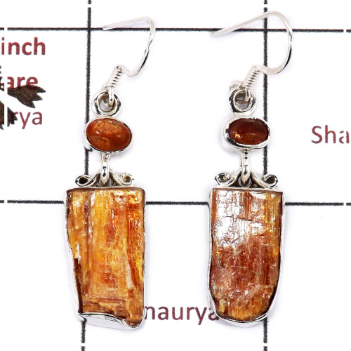 Orange Kyanite Rough & Sunstone Cab I - SPE813-Party Wear Rough Stone 925 Silver Plain Setting Earrings Handmade Collection