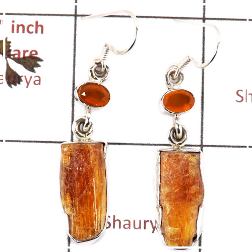 Orange Kyanite Rough & Carnelian Cut O - SPE813-Party Wear Rough Stone 925 Silver Plain Setting Earrings Handmade Collection