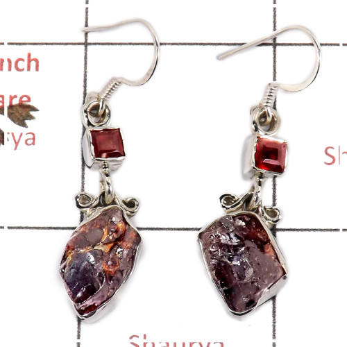 Garnet Rough & Cut B - SPE812-Solid 925 Silver Plain Setting Rough Gemstone Earrings Handmade Design
