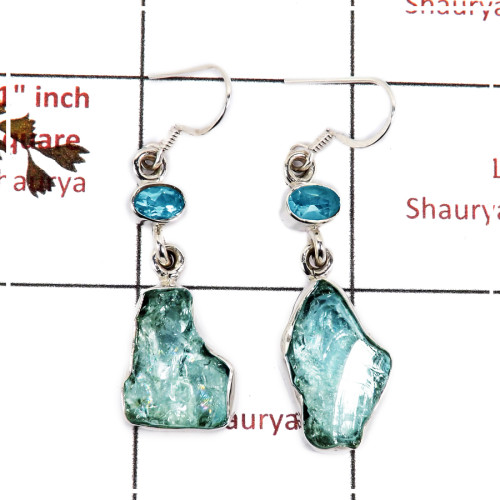 Aquamarine Rough & Blue Topaz Cut C - SPE812-Solid 925 Silver Plain Setting Rough Gemstone Earrings Handmade Design