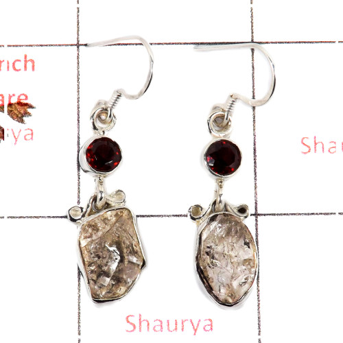 Herkimer Diamond Rough & Garnet Cut D - SPE812-Solid 925 Silver Plain Setting Rough Gemstone Earrings Handmade Design