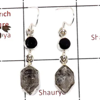 Herkimer Diamond Rough & Black Onyx Cut E - SPE812-Solid 925 Silver Plain Setting Rough Gemstone Earrings Handmade Design Herkimer Diamond Rough & Black Onyx Cut E - SPE812-Solid 925 Silver Plain Setting Rough Gemstone Earrings Handmade Design