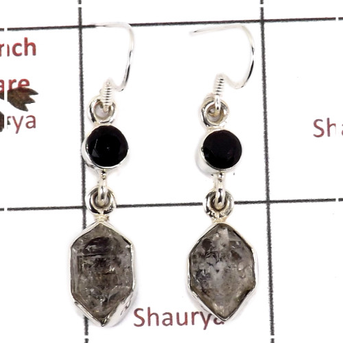 Herkimer Diamond Rough & Black Onyx Cut E - SPE812-Solid 925 Silver Plain Setting Rough Gemstone Earrings Handmade Design