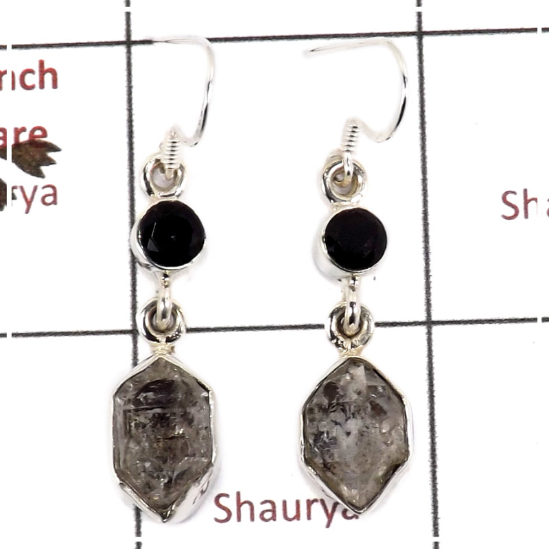 Herkimer Diamond Rough & Black Onyx Cut E - SPE812-Solid 925 Silver Plain Setting Rough Gemstone Earrings Handmade Design