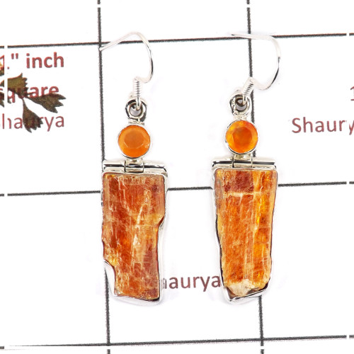 Orange Kyanite Rough & Carnelian Cut F - SPE812-Solid 925 Silver Plain Setting Rough Gemstone Earrings Handmade Design