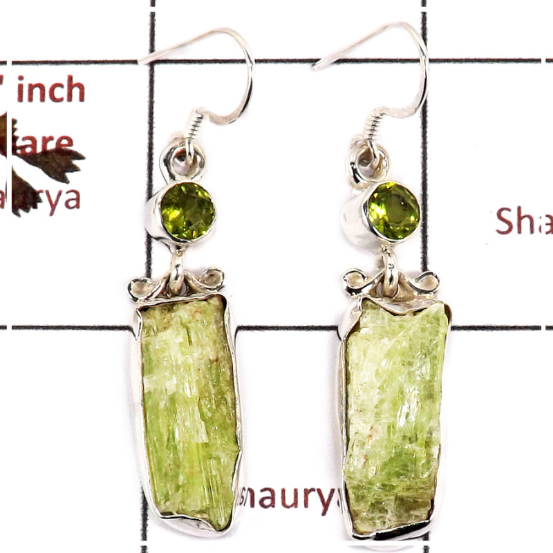 Green Kyanite Rough & Peridot Cut H - SPE812-Solid 925 Silver Plain Setting Rough Gemstone Earrings Handmade Design