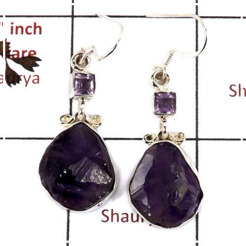 Amethyst Rough & Cut O - SPE812-Solid 925 Silver Plain Setting Rough Gemstone Earrings Handmade Design
