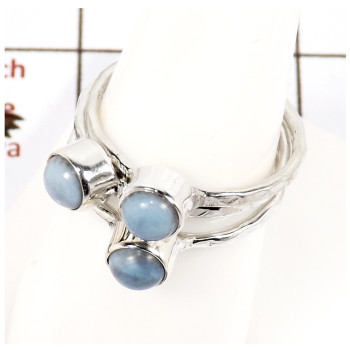 Blue Opal Cab B - STK932-Gorgeous Look Cab & Cut Three Stone Stacking Ring 925 Sterling Silver