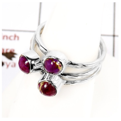 Purple Copper Turquoise Cab D - STK932-Gorgeous Look Cab & Cut Three Stone Stacking Ring 925 Sterling Silver