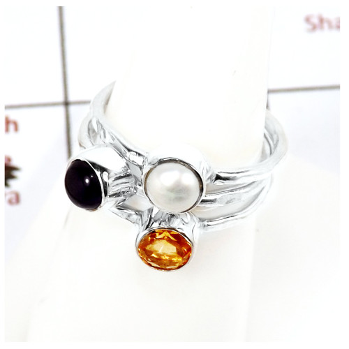 Pearl, Amethyst Cab & Citrine Cut E - STK932-Gorgeous Look Cab & Cut Three Stone Stacking Ring 925 Sterling Silver