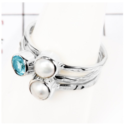 Pearl Cab & Blue Topaz Cut F - STK932-Gorgeous Look Cab & Cut Three Stone Stacking Ring 925 Sterling Silver
