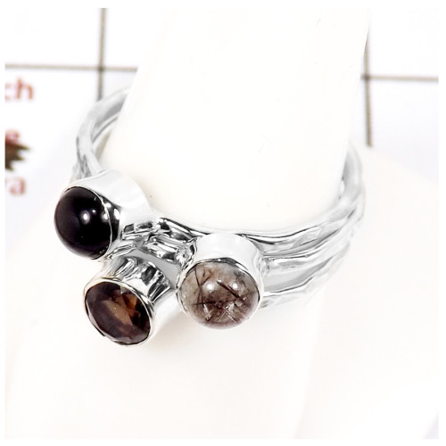 Black Onyx, Black Rutile Cab & Smokey Cut G - STK932-Gorgeous Look Cab & Cut Three Stone Stacking Ring 925 Sterling Silver