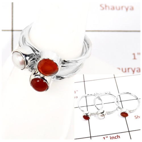 Red Onyx, Pearl Cab & Carnelian Cut O - STK932-Gorgeous Look Cab & Cut Three Stone Stacking Ring 925 Sterling Silver