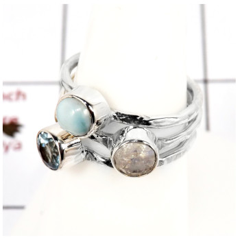 Blue Topaz, Rainbow Moonstone Cut & Larimar Cab A - STK931-Party Look Semiprecious Cut Gemstone Stacking Ring 925 Sterling Silve