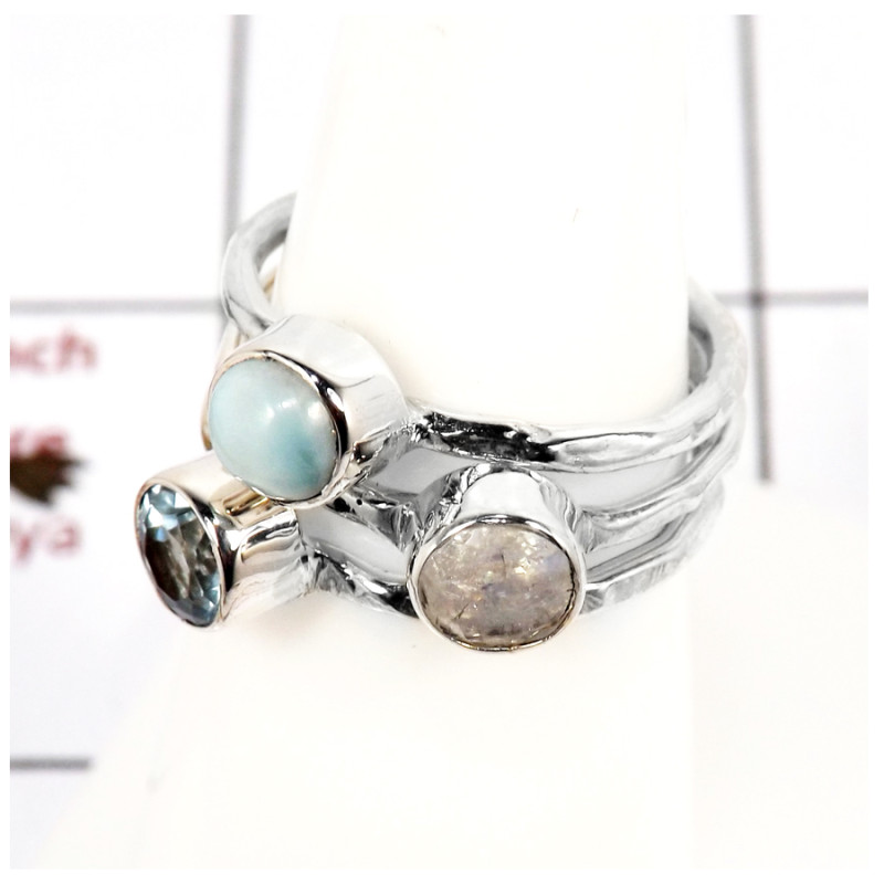 Blue Topaz, Rainbow Moonstone Cut & Larimar Cab A - STK931-Party Look Semiprecious Cut Gemstone Stacking Ring 925 Sterling Silve