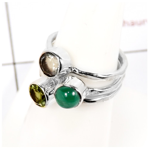 Crystal, Peridot Cut & Malachite Cab B - STK931-Party Look Semiprecious Cut Gemstone Stacking Ring 925 Sterling Silver