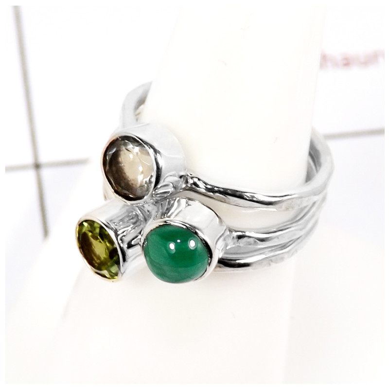 Crystal, Peridot Cut & Malachite Cab B - STK931-Party Look Semiprecious Cut Gemstone Stacking Ring 925 Sterling Silver