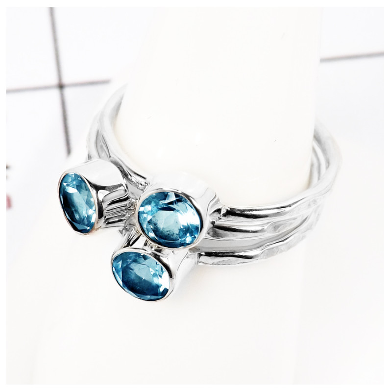 Blue Topaz Cut E - STK931-Party Look Semiprecious Cut Gemstone Stacking Ring 925 Sterling Silver