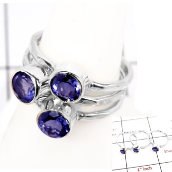 Iolite Cut O - STK931-Party Look Semiprecious Cut Gemstone Stacking Ring 925 Sterling Silver