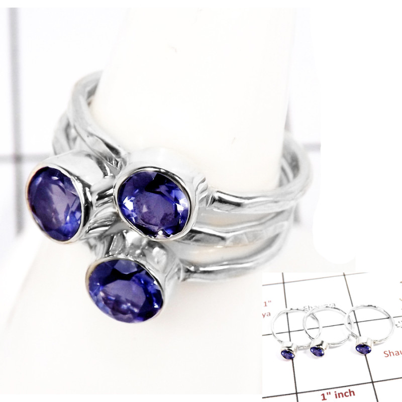Iolite Cut O - STK931-Party Look Semiprecious Cut Gemstone Stacking Ring 925 Sterling Silver