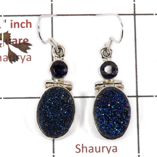 Flat Druzy & Iolite Cut A - SPE811-Sparkling Black Flat Druzy Stone 925 Silver Plain Setting Earrings