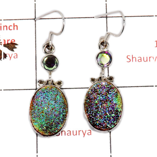 Flat Druzy & Rainbow Mystic Cut B - SPE811-Sparkling Black Flat Druzy Stone 925 Silver Plain Setting Earrings