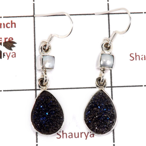 Flat Druzy & Pearl Cab C - SPE811-Sparkling Black Flat Druzy Stone 925 Silver Plain Setting Earrings