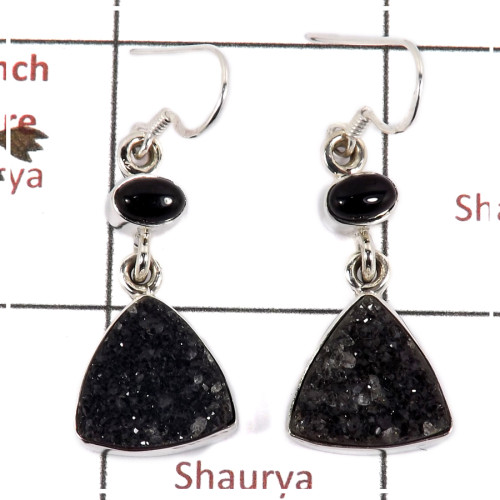Flat Druzy & Black Onyx Cab D - SPE811-Sparkling Black Flat Druzy Stone 925 Silver Plain Setting Earrings