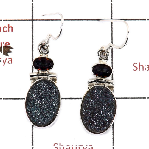 Flat Druzy & Mystic Cut E - SPE811-Sparkling Black Flat Druzy Stone 925 Silver Plain Setting Earrings