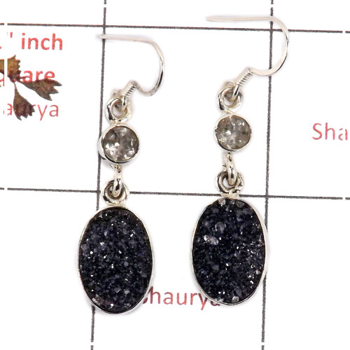 Flat Druzy & Crystal Cut F - SPE811-Sparkling Black Flat Druzy Stone 925 Silver Plain Setting Earrings