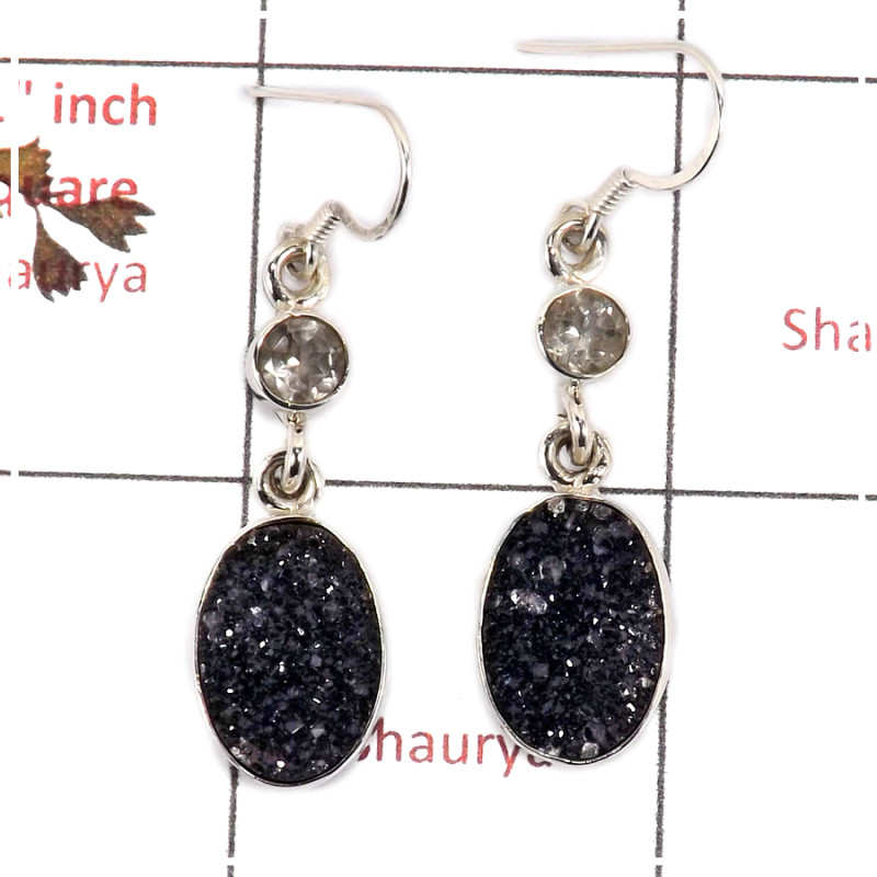 Flat Druzy & Crystal Cut F - SPE811-Sparkling Black Flat Druzy Stone 925 Silver Plain Setting Earrings