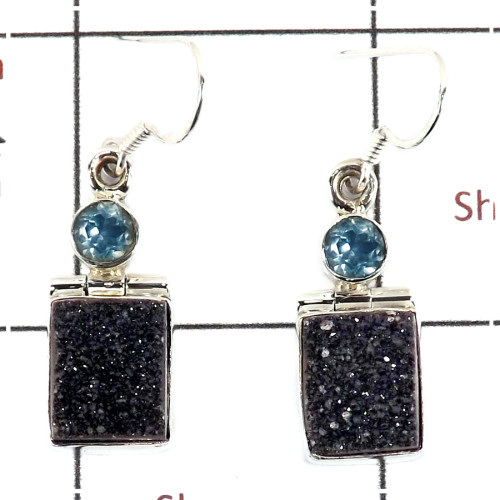 Flat Druzy & Blue Topaz Cut G - SPE811-Sparkling Black Flat Druzy Stone 925 Silver Plain Setting Earrings