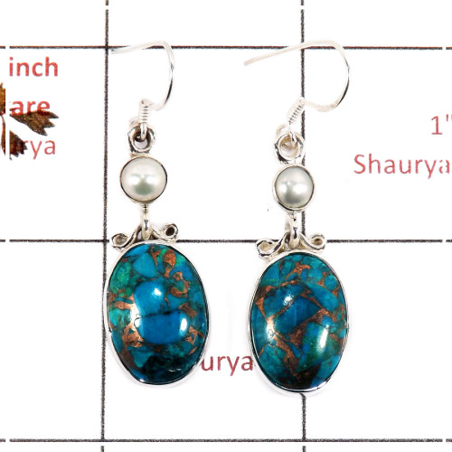Blue Copper Turquoise & Pearl Cab H - SPE811-Sparkling Black Flat Druzy Stone 925 Silver Plain Setting Earrings